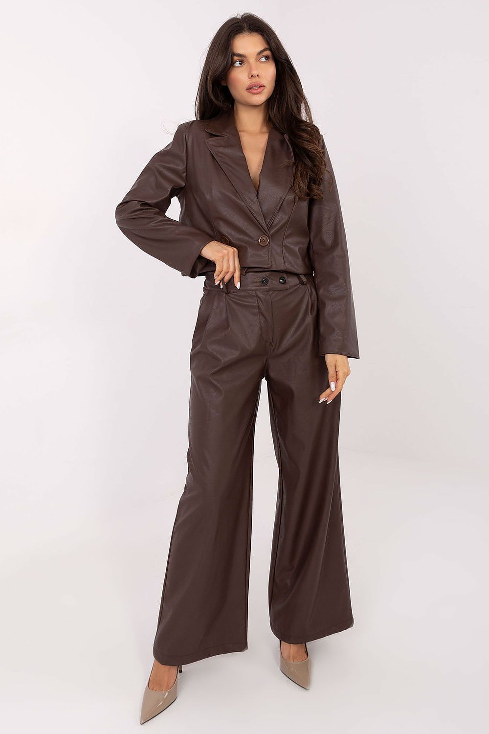 Pantalon à jambes larges en similicuir marron