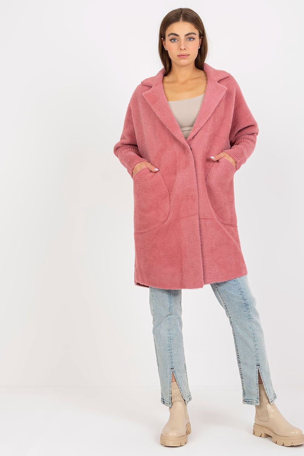 Stylish Women's Long Sleeve Coat with Pockets pink one-size-fits-all - Coats