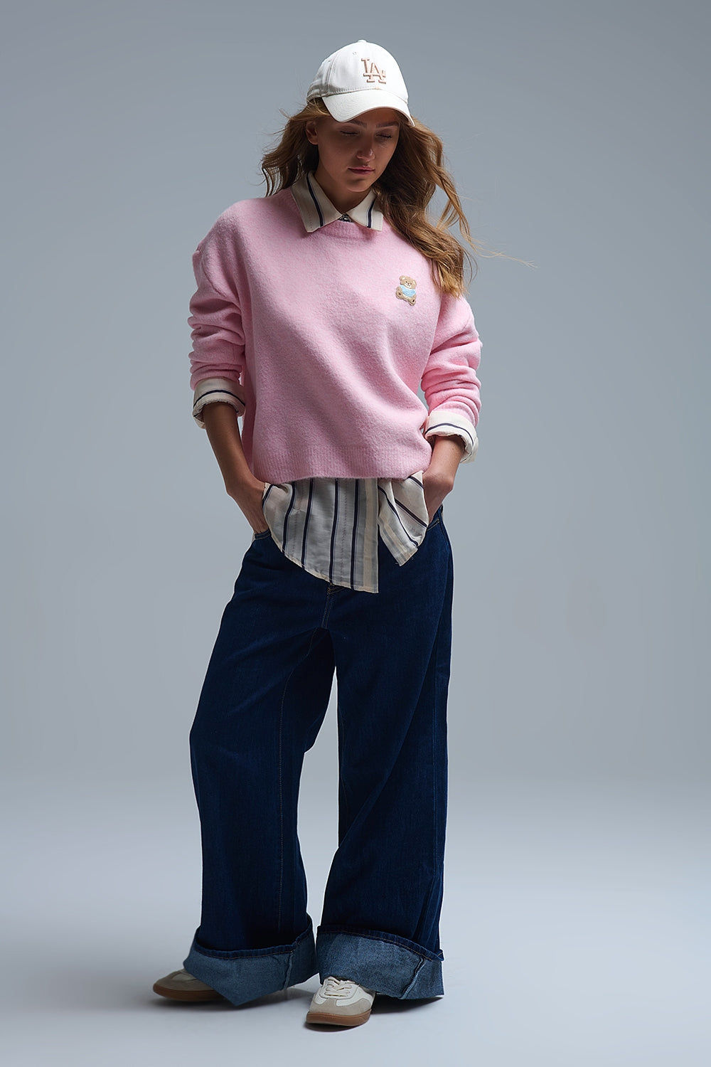 Cute Pink Cropped Bear Patch Sweater - Sweaters