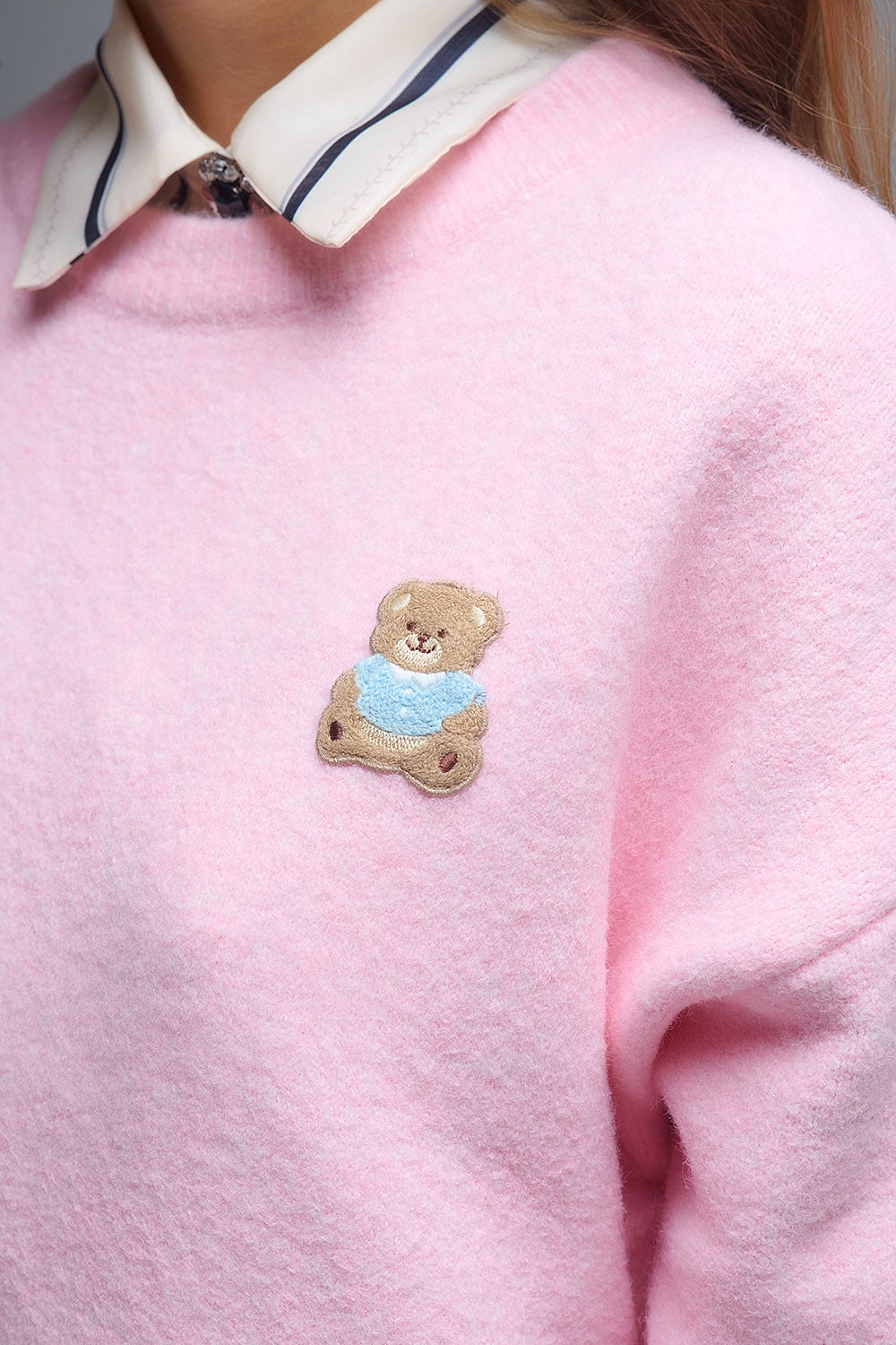 Cute Pink Cropped Bear Patch Sweater - Sweaters