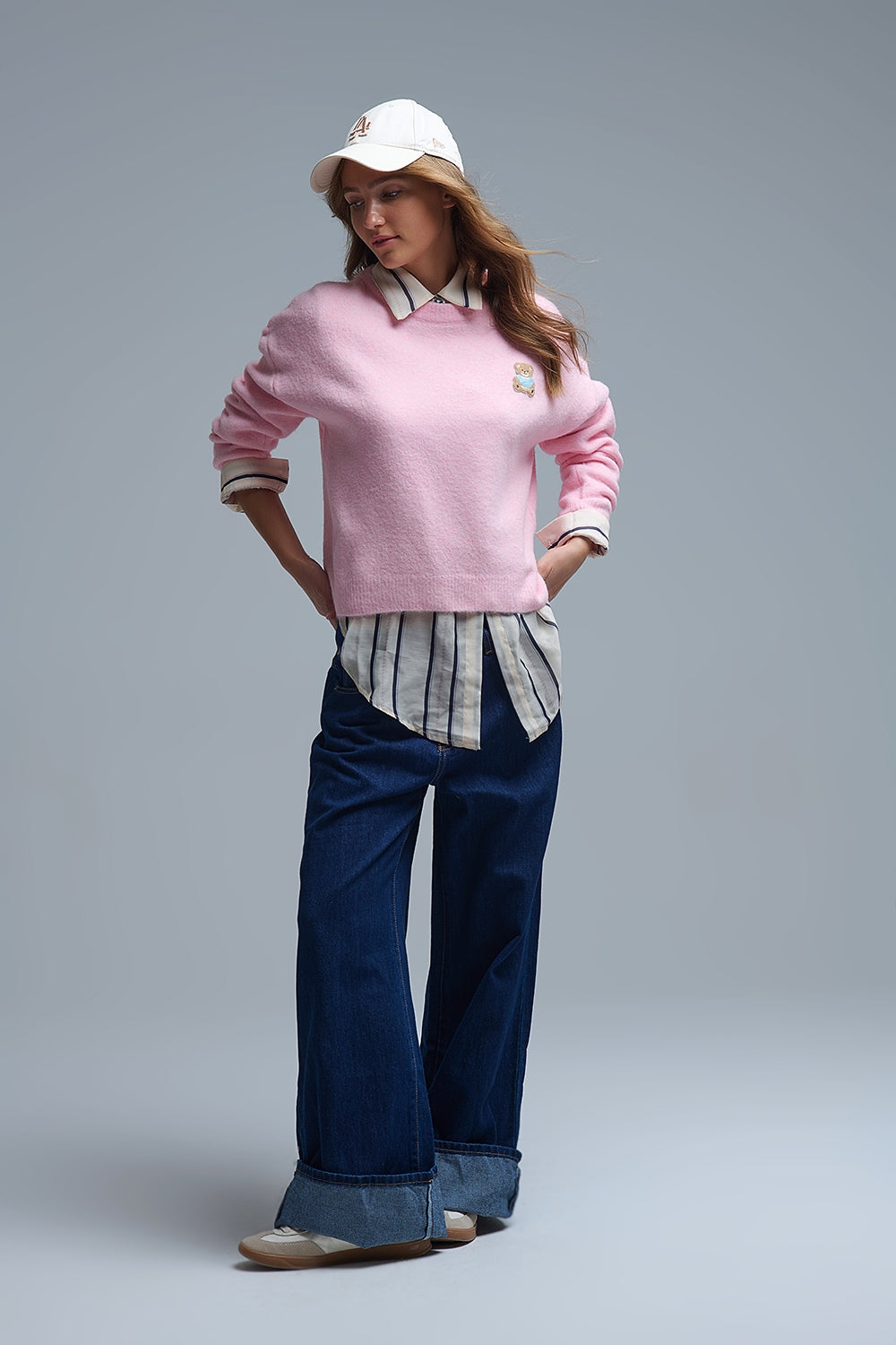 Cute Pink Cropped Bear Patch Sweater - Sweaters