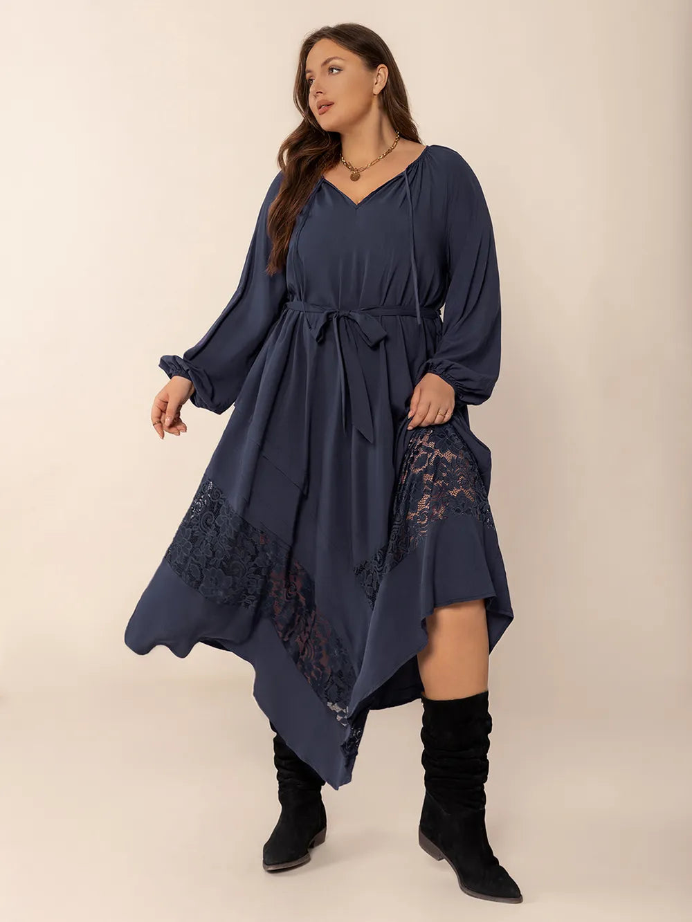 Plus Size Lace Detail Tie Neck Long Sleeve Midi Dress -
