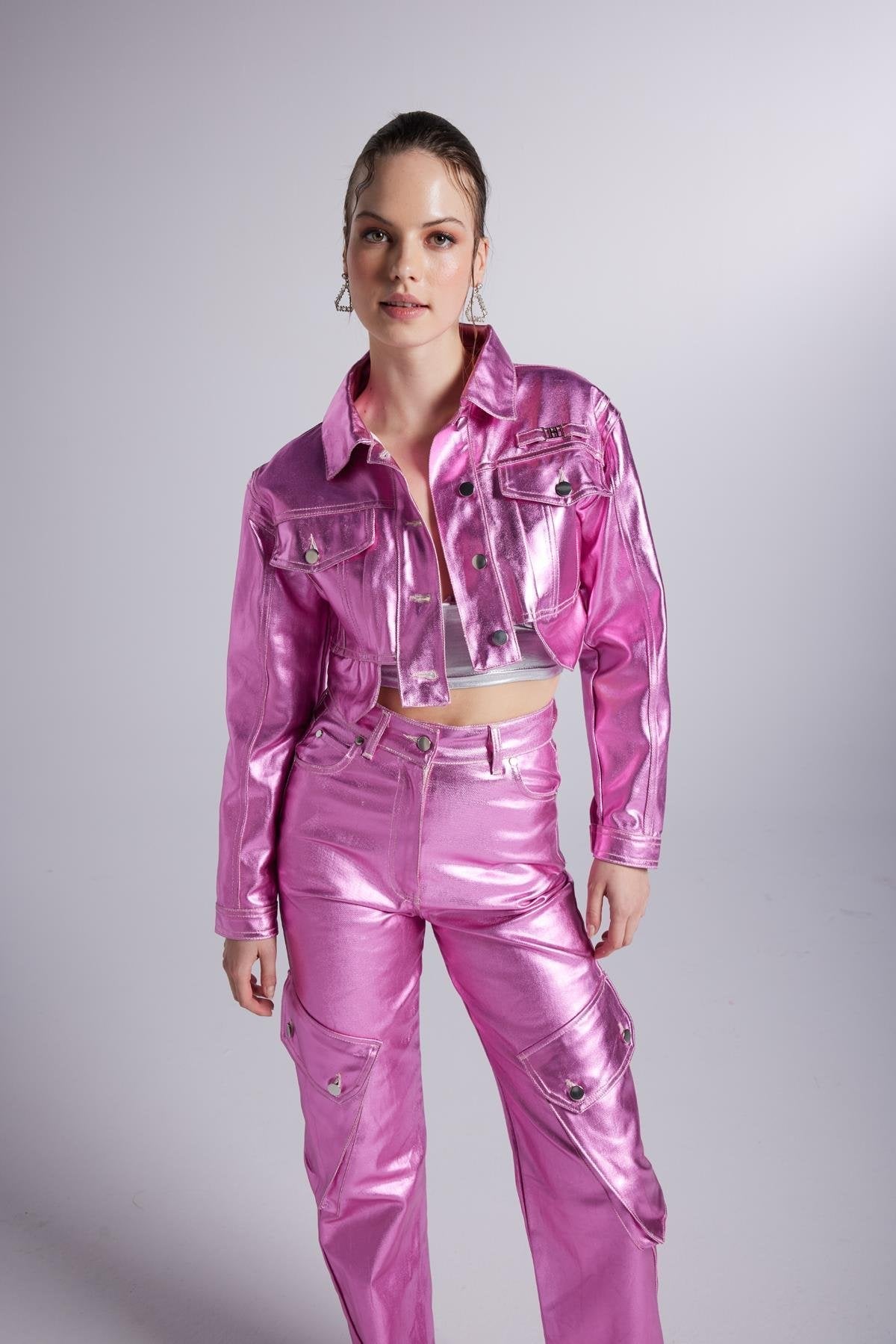 Metallic Pink Glossy Millen Cropped Jacket - Jackets & Blazers