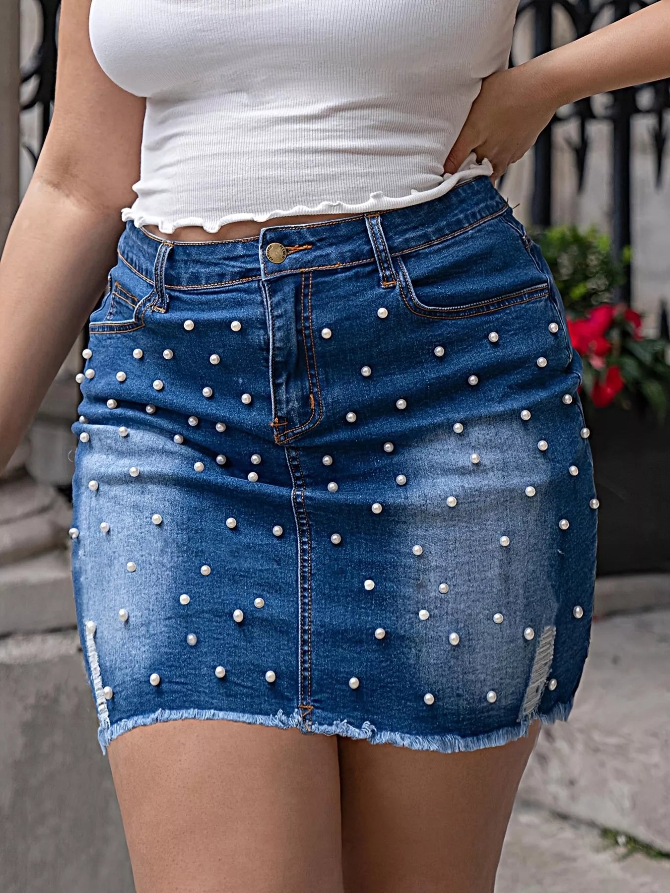 Trendy Plus Size Denim Skirt with Pearl Detail - Skirts