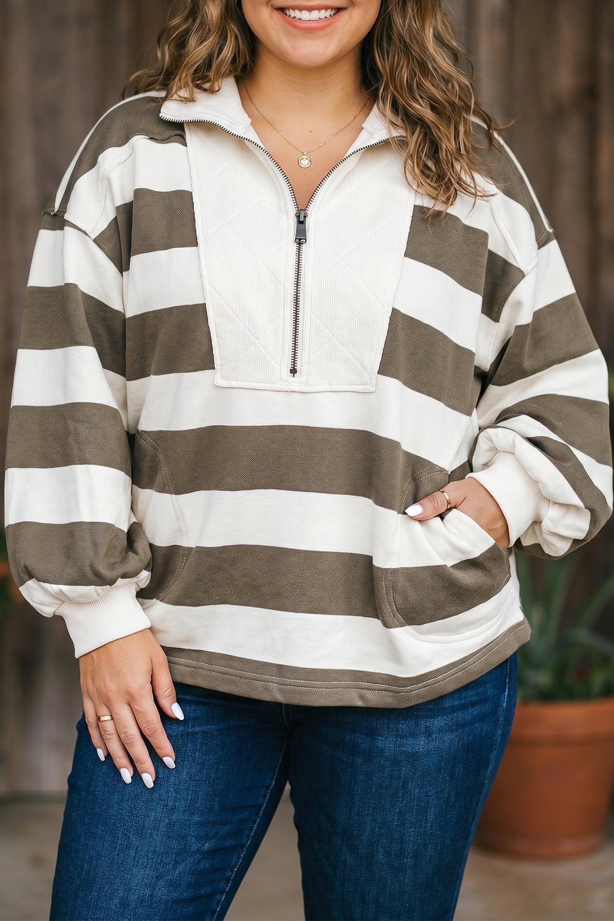 Green Stripe Plus Size Half Zipped Casual Sweatshirt Green Stripe 100%Polyester - Plus Size/Plus Size Sweatshirts & Hoodies