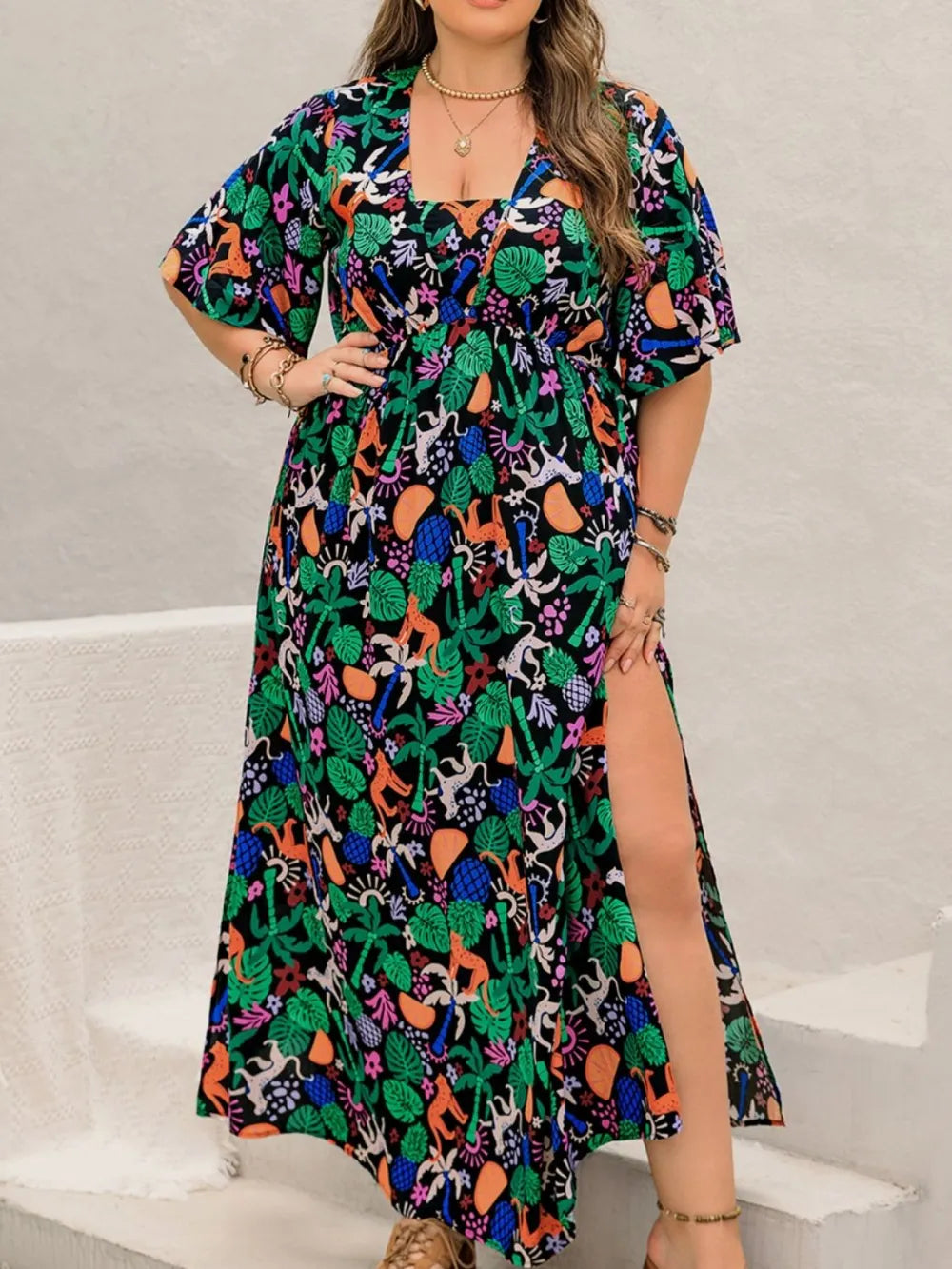 Plus Size Printed Maxi Split Dress -