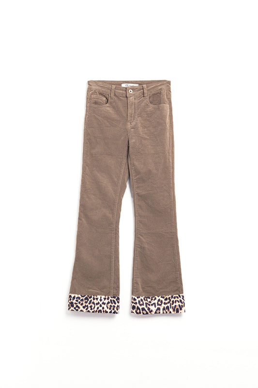 Dark Beige Corduroy flare pants with leopard print at the bottom - Trousers