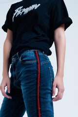 Dark blue boyfriend jeans with red sideband