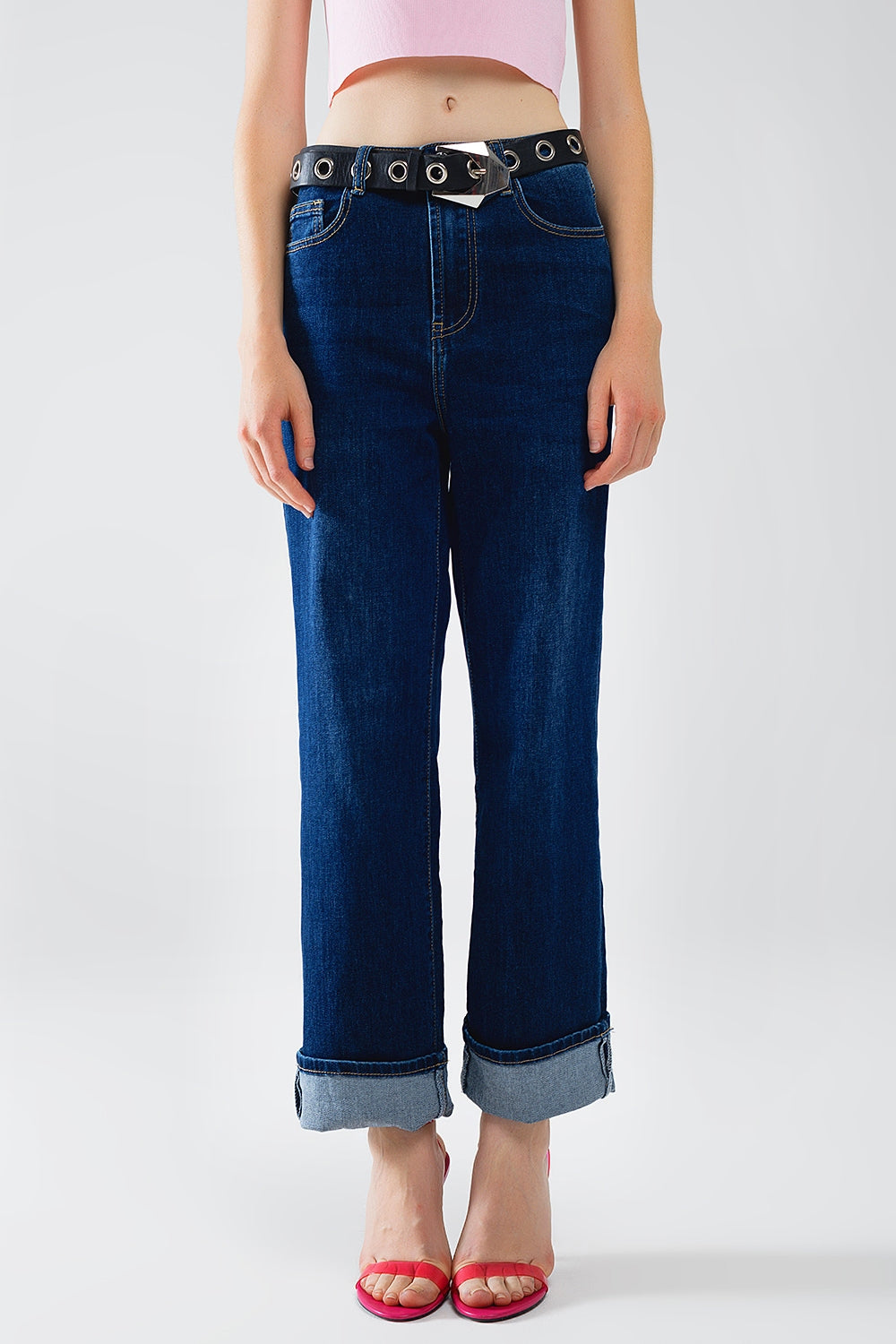 Dark Blue denim Straight Jeans With Folded Hem - Jeans