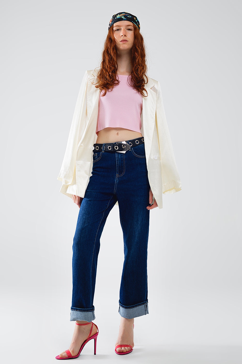 Dark Blue denim Straight Jeans With Folded Hem - Jeans