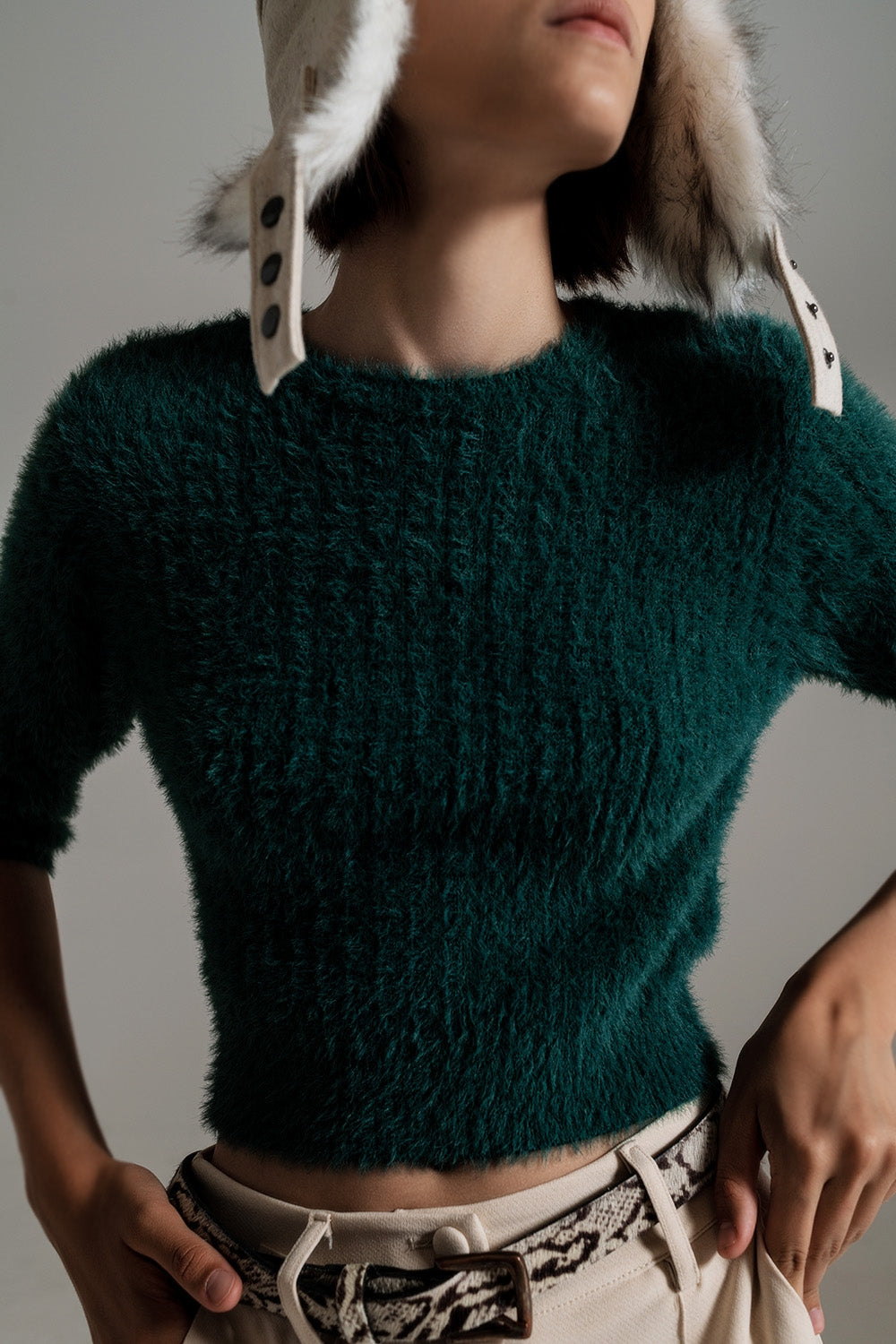 Dark green fluffy knit sweater with 3/4 sleeves - Jumpers
