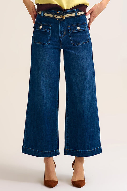 dark wash Blue Wide-Leg Denim Jeans with Button Detail - Jeans