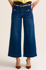 dark wash Blue Wide-Leg Denim Jeans with Button Detail