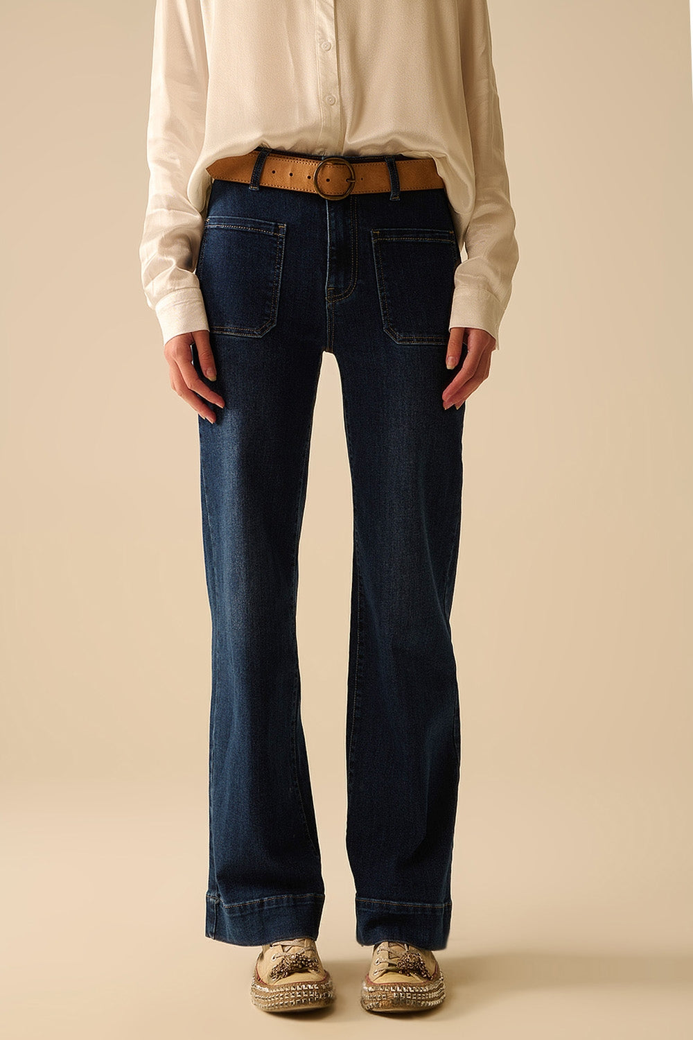 Dark wash jeans with wide leg and pockets - Jeans