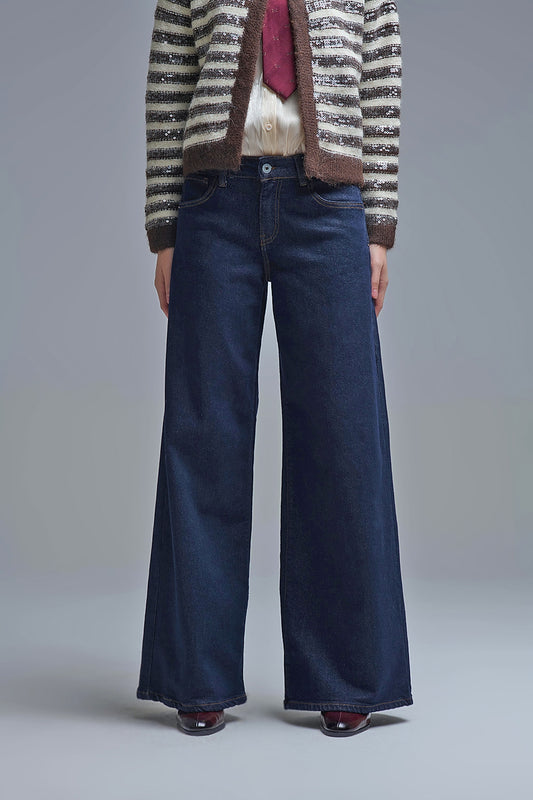Dark Wash Wide Leg Jeans With Contrasting Stitching - Jeans