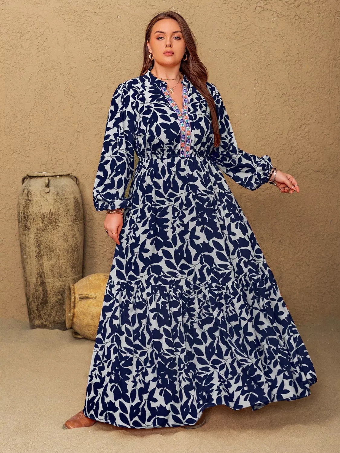 Plus Size Floral Print Notched Long Sleeve Maxi Dress -