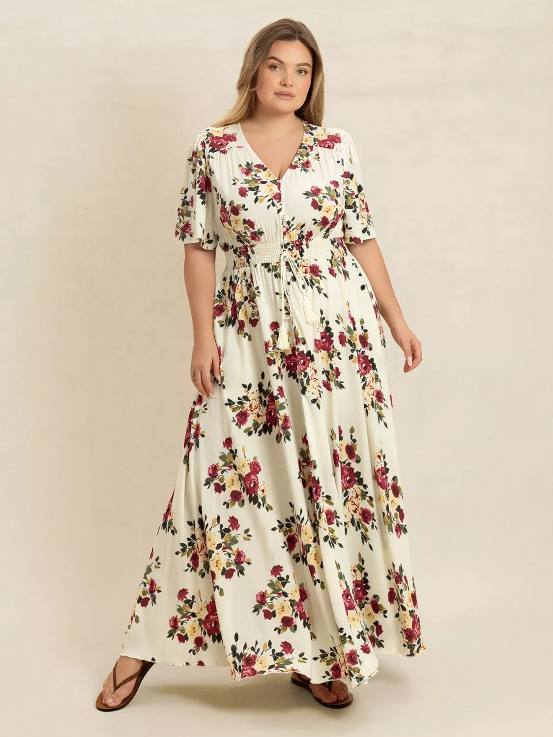 Plus Size Floral Flutter Sleeve Maxi Dress with Button Front -
