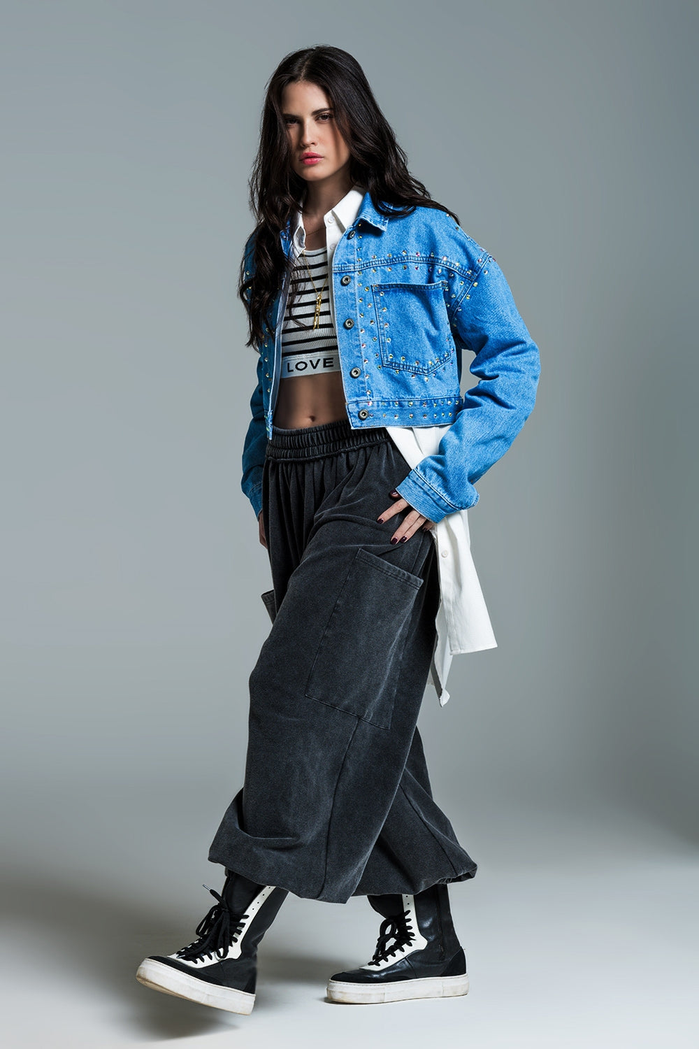 Denim cropped jacket in blue with studs and chest pockets - Jackets