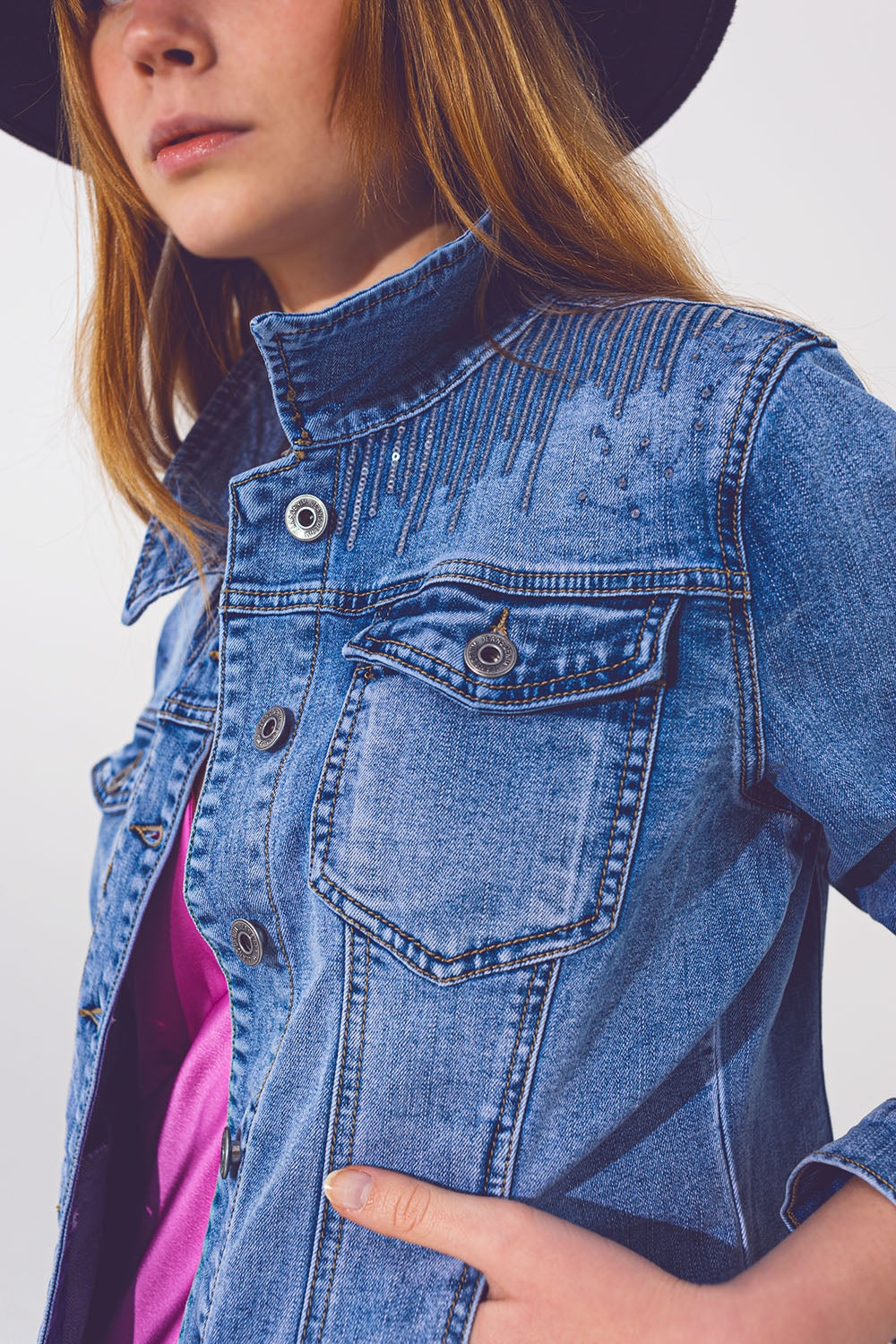 Denim jacket in light blue wash with sequin detail - Jackets
