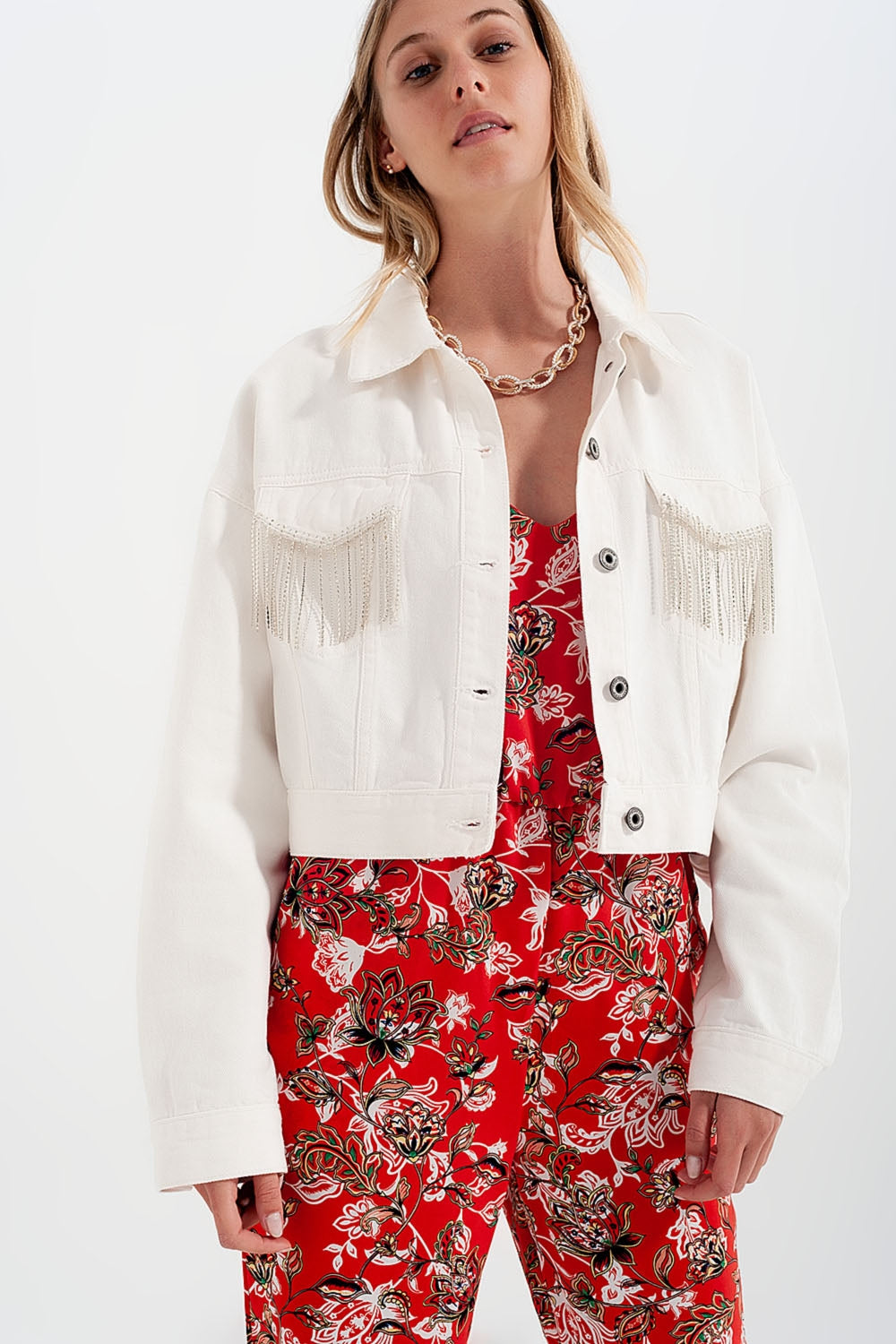Denim jacket with diamante fringing in white - Jackets