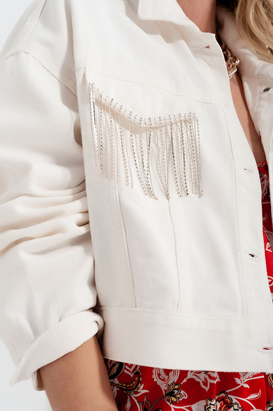 Denim jacket with diamante fringing in white - Jackets