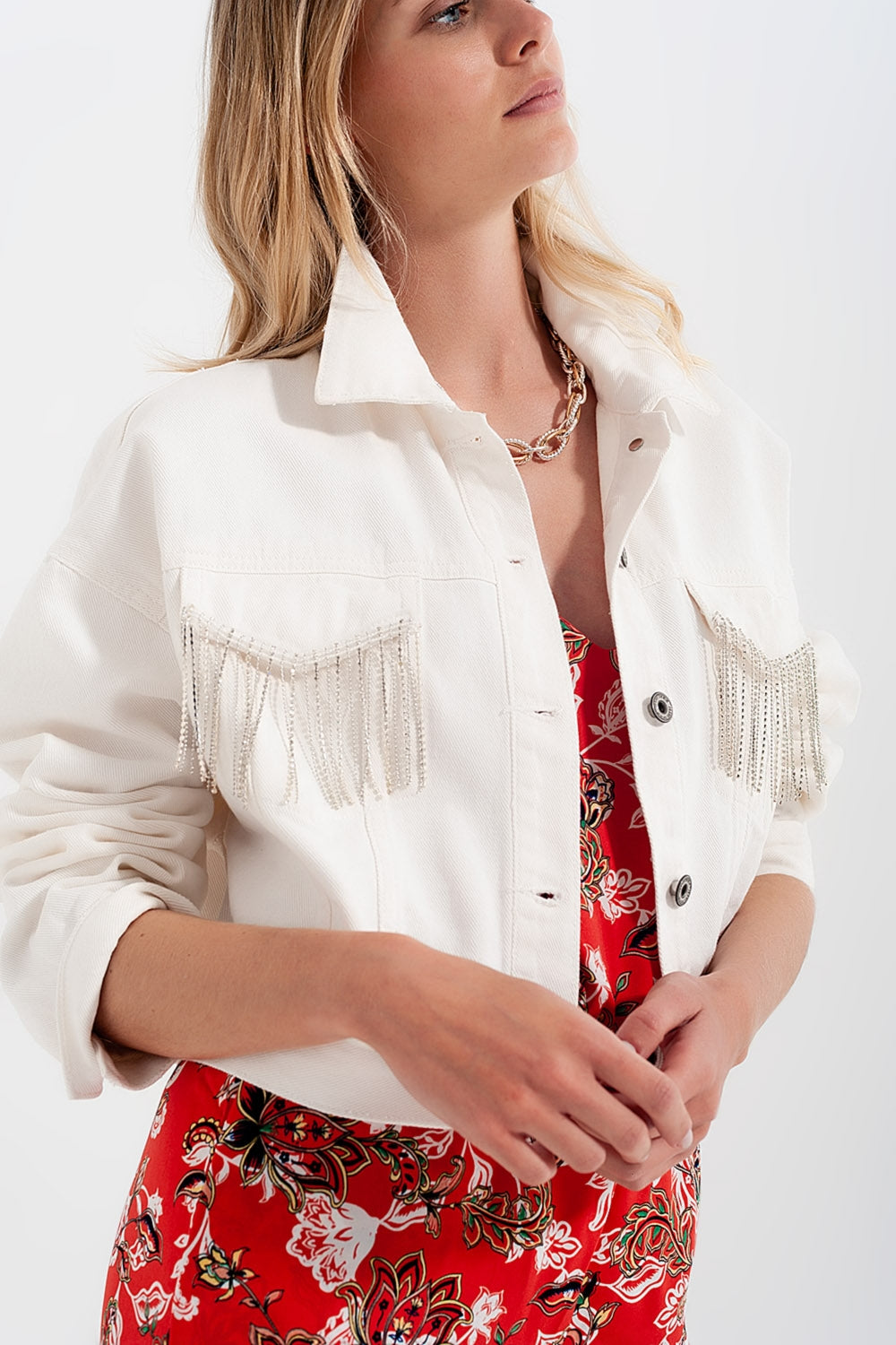 Denim jacket with diamante fringing in white - Jackets