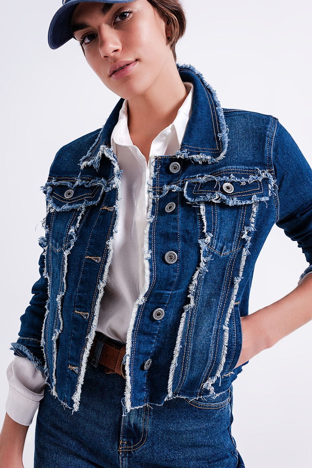 Denim jacket with frayed design and unfinished hem - Jackets