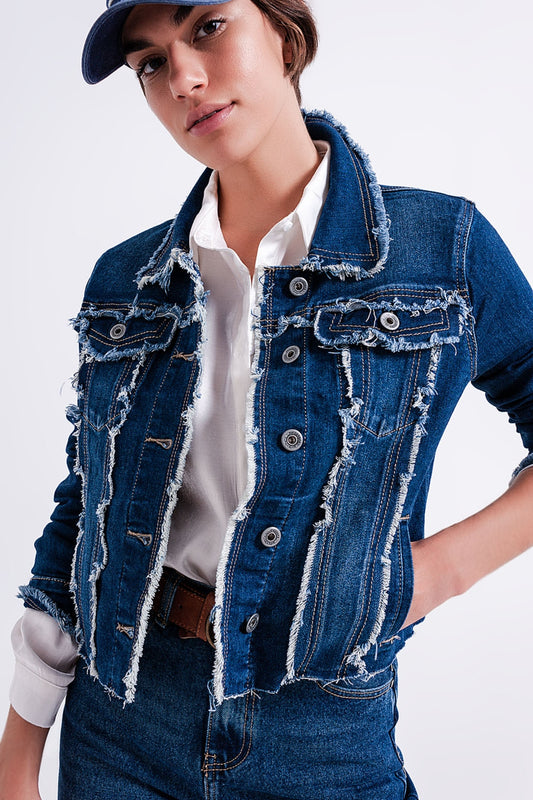 Denim jacket with frayed design and unfinished hem - Jackets