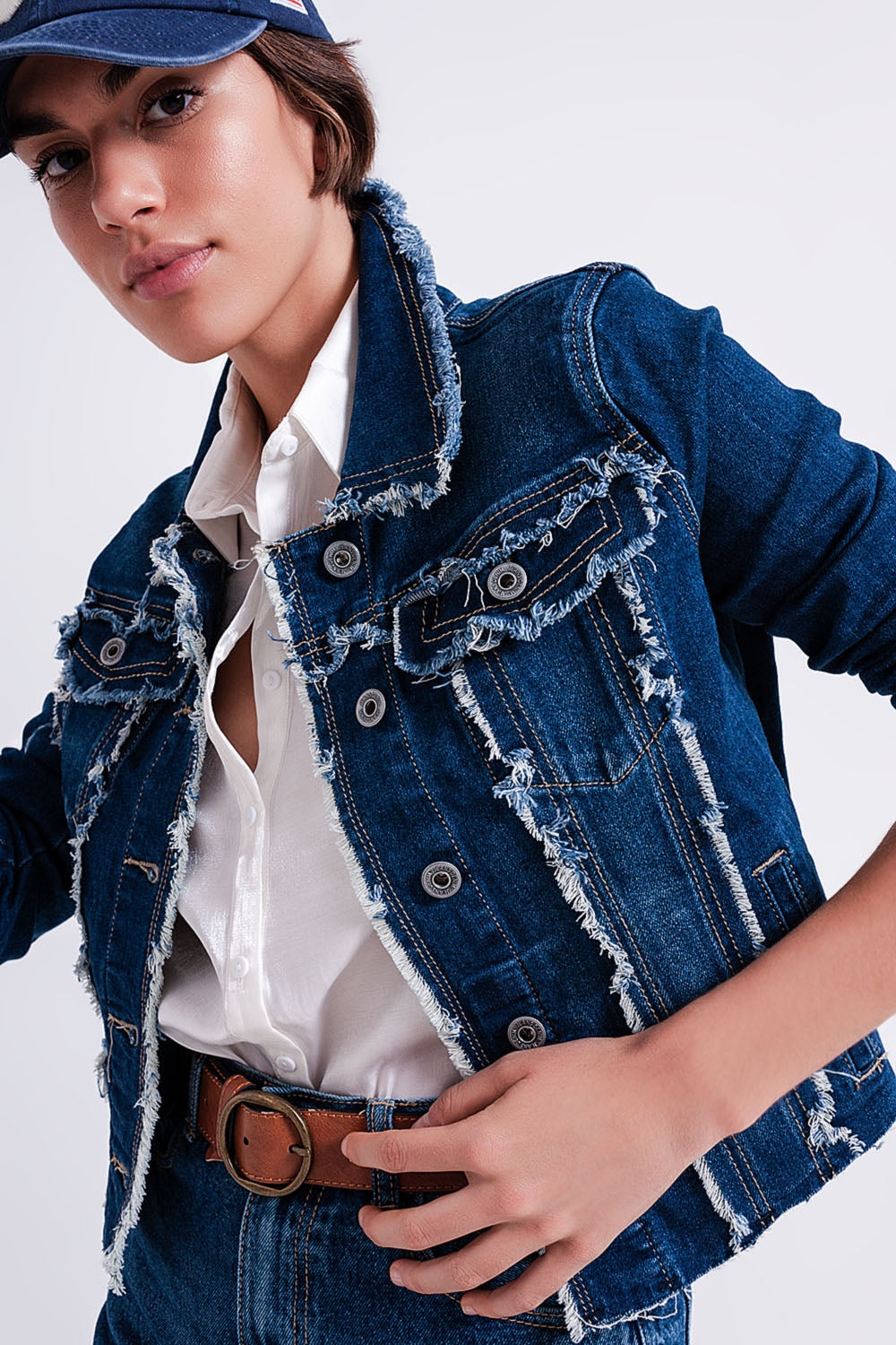 Denim jacket with frayed design and unfinished hem - Jackets