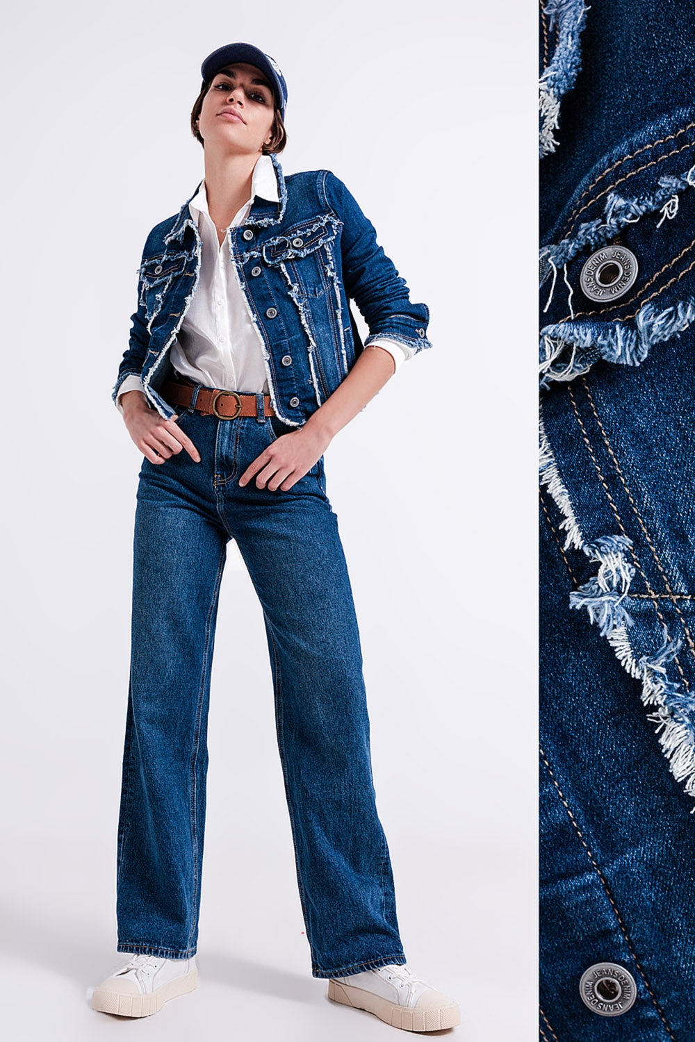 Denim jacket with frayed design and unfinished hem - Jackets