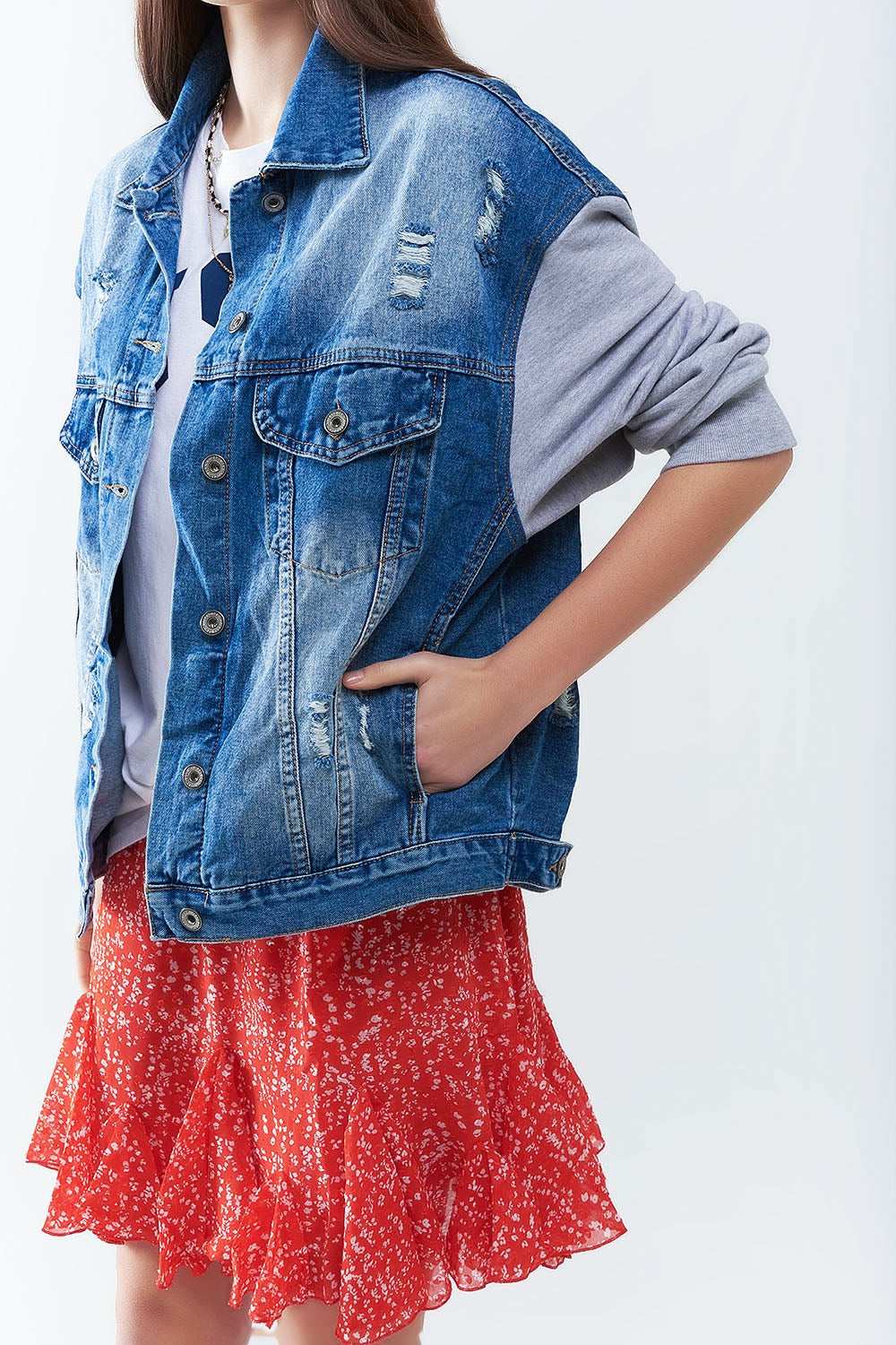 Denim Jacket with Jogging Fabric Sleeves - Jackets