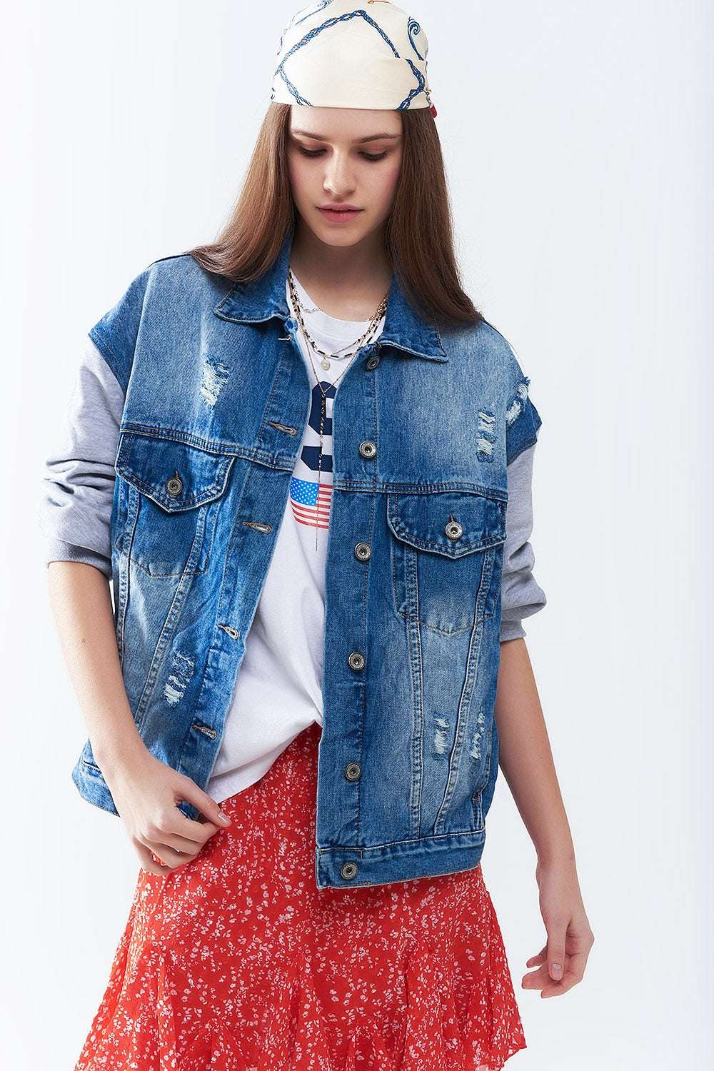 Denim Jacket with Jogging Fabric Sleeves - Jackets