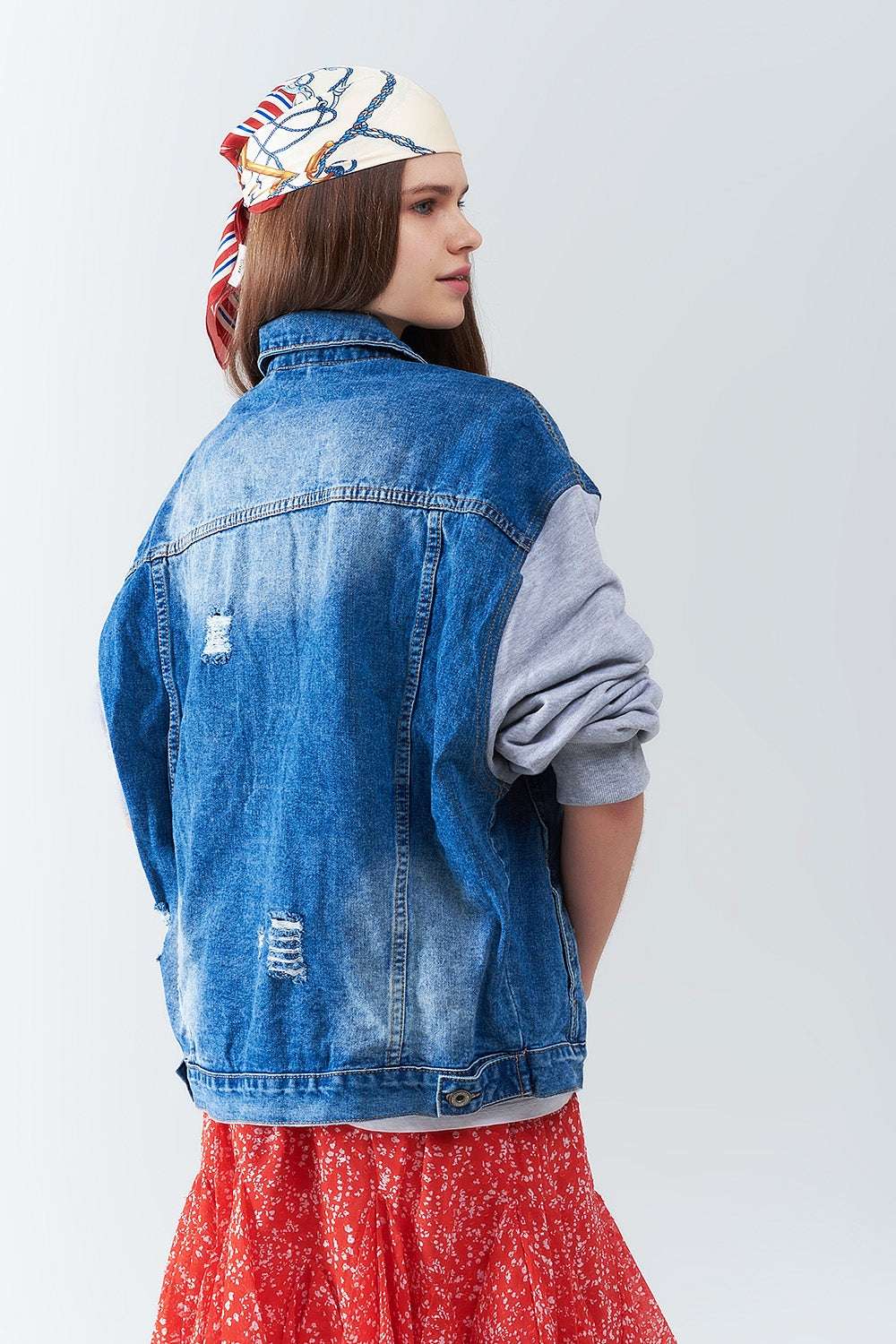 Denim Jacket with Jogging Fabric Sleeves - Jackets