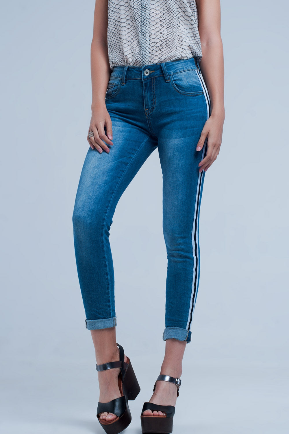 Denim jeans with crinkled legs and side stripe - Jeans