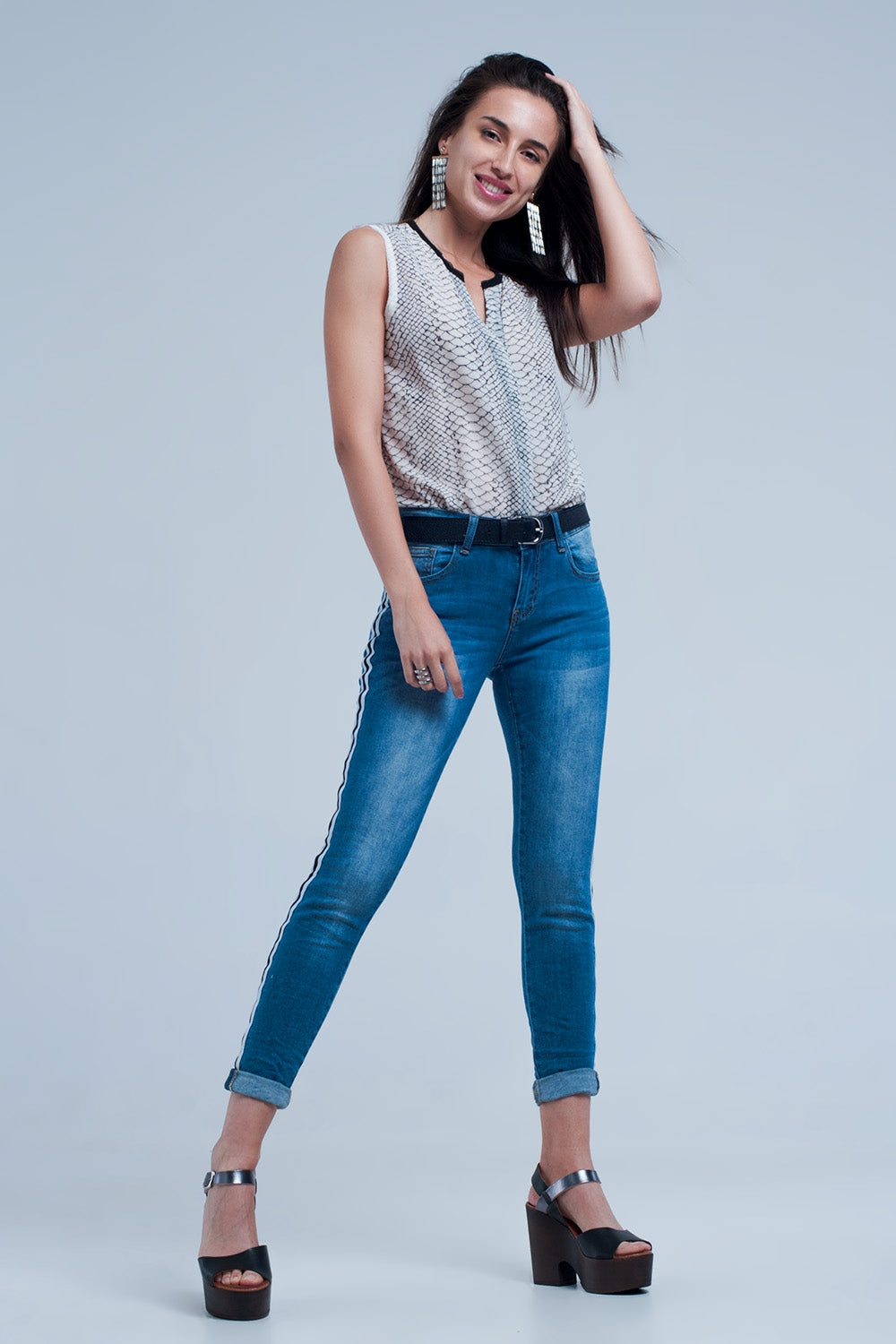 Denim jeans with crinkled legs and side stripe - Jeans