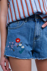 Denim mid wash blue short with floral design