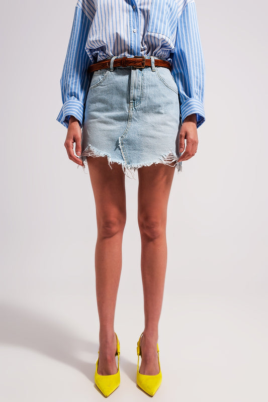 Denim mini skirt with raw hem in light wash blue - Skirts
