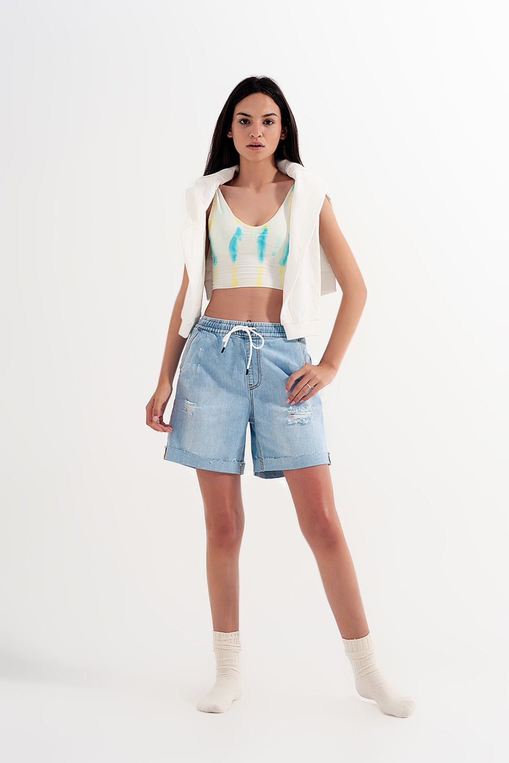Denim shorts with elastic waist in wash blue - Shorts