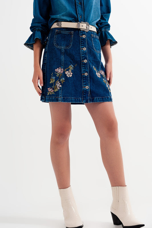 Denim skirt with flower embroidery and front buttons - Skirts