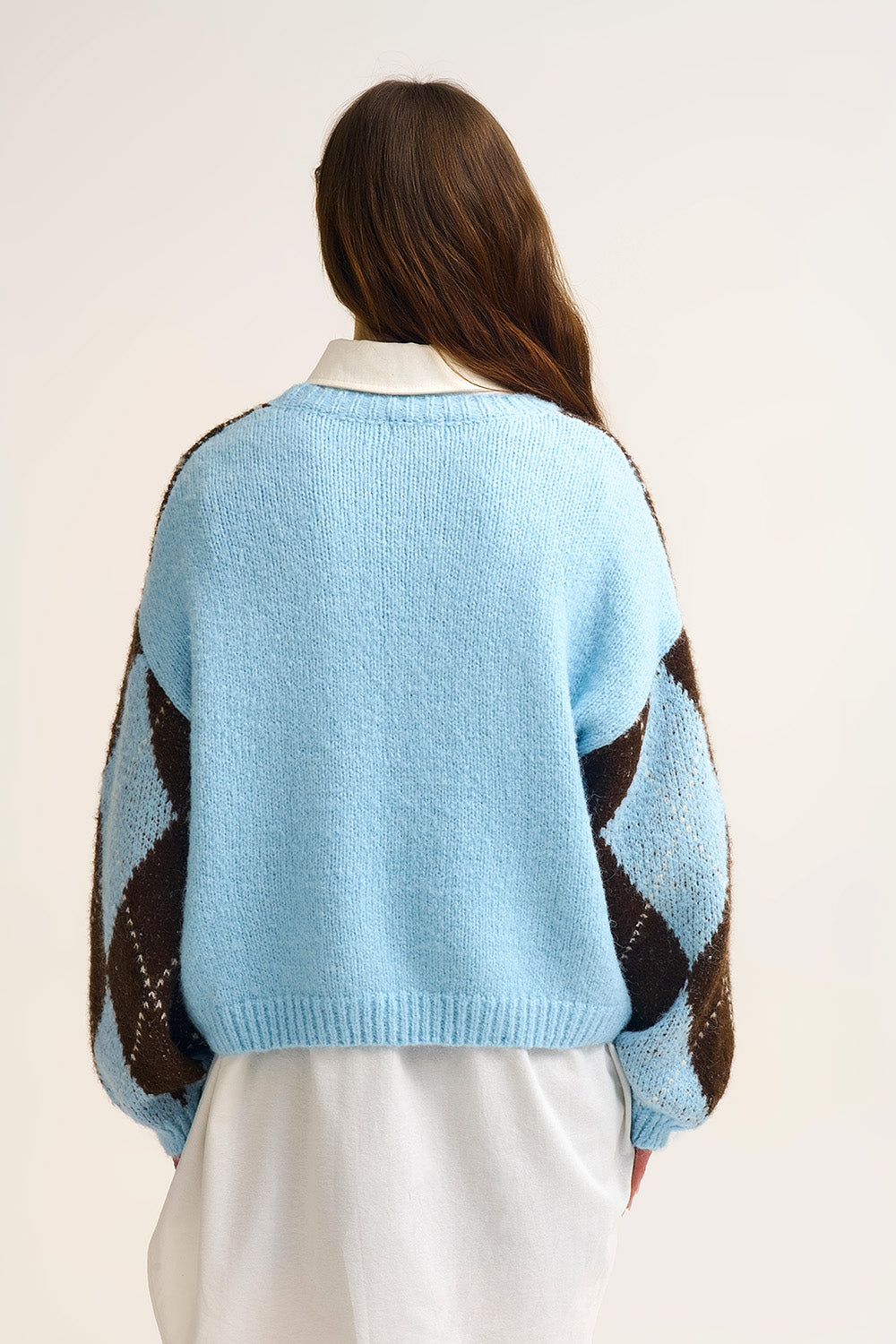 Blue and Brown diamond Knit Sweater With Voluminous Sleeves - Sweaters