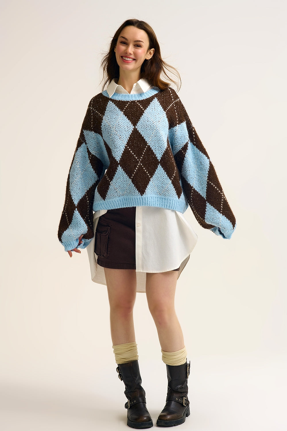 Blue and Brown diamond Knit Sweater With Voluminous Sleeves - Sweaters