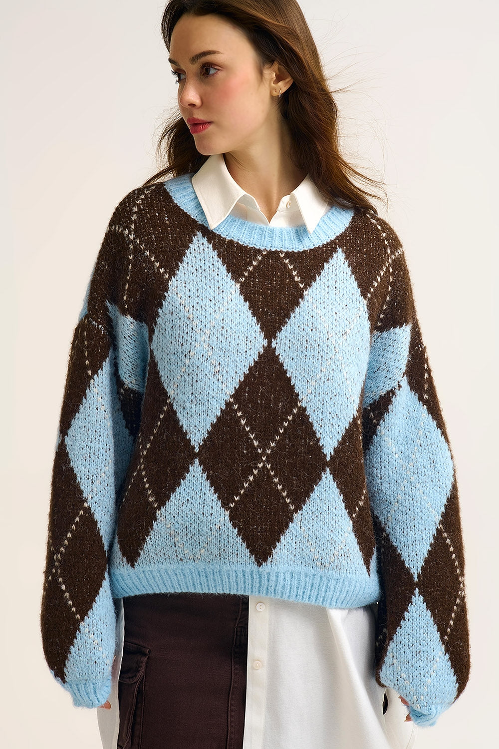 Blue and Brown diamond Knit Sweater With Voluminous Sleeves - Sweaters