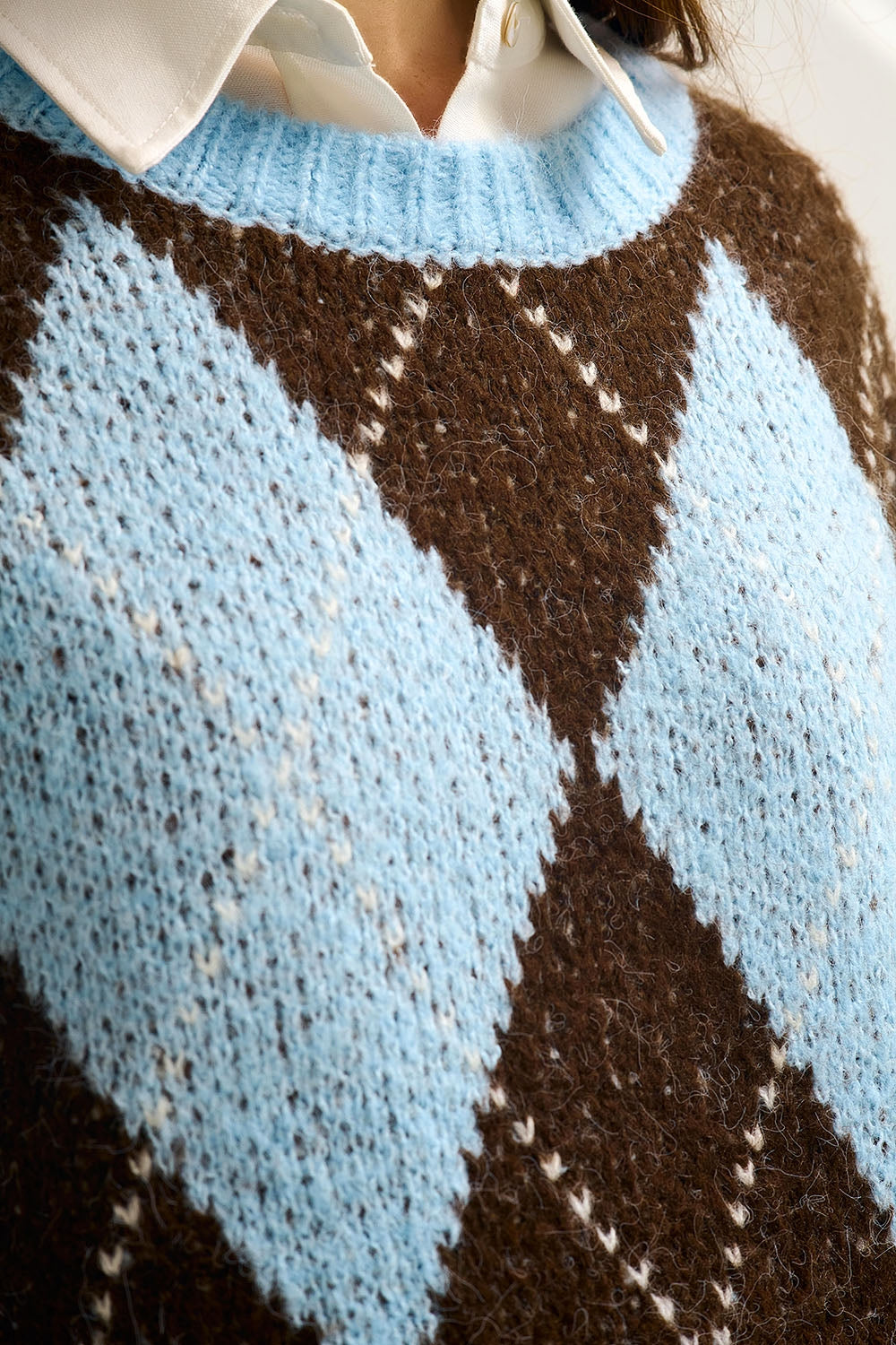 Blue and Brown diamond Knit Sweater With Voluminous Sleeves - Sweaters