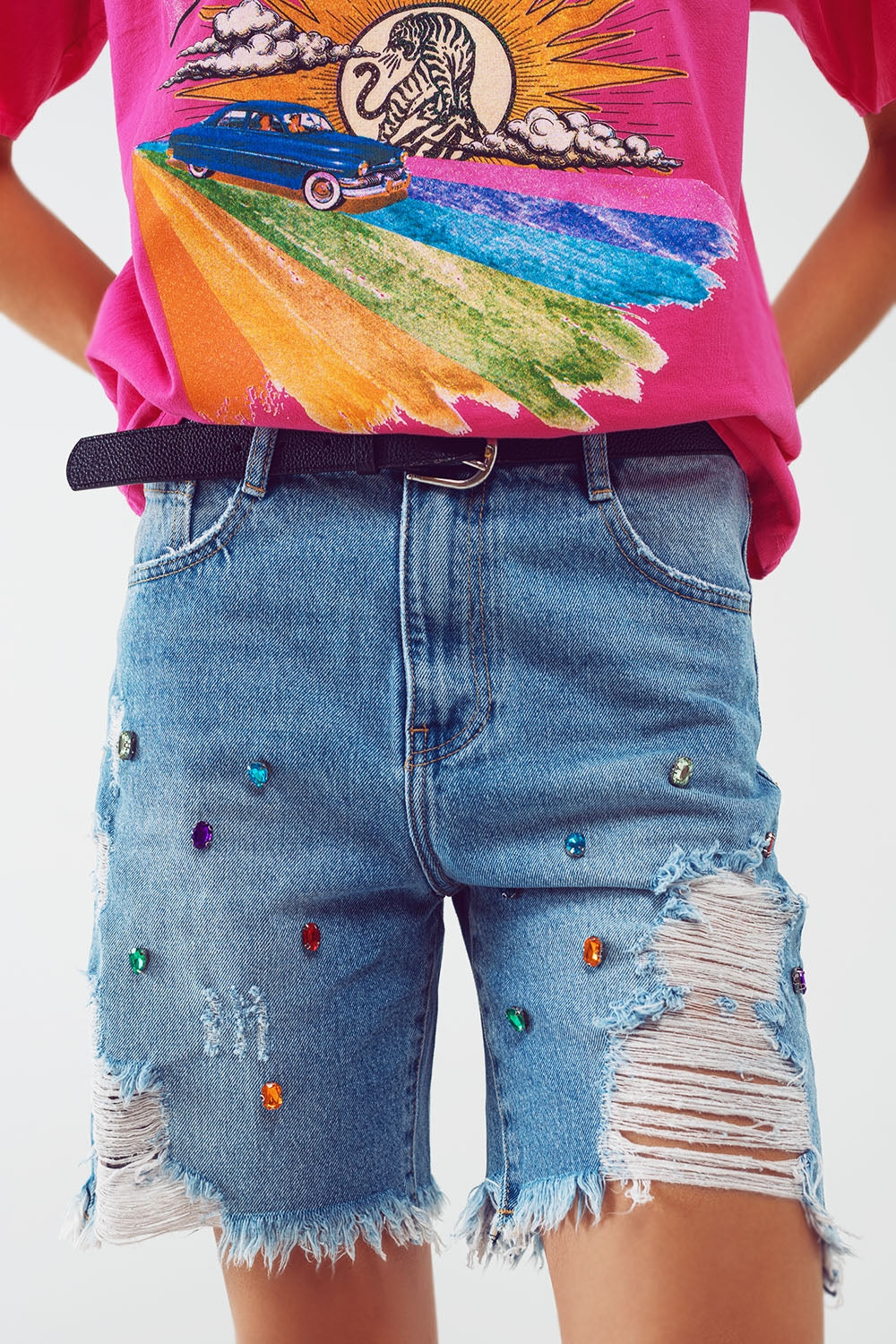 Distressed Embellished Bermuda Shorts in Light Wash - Shorts