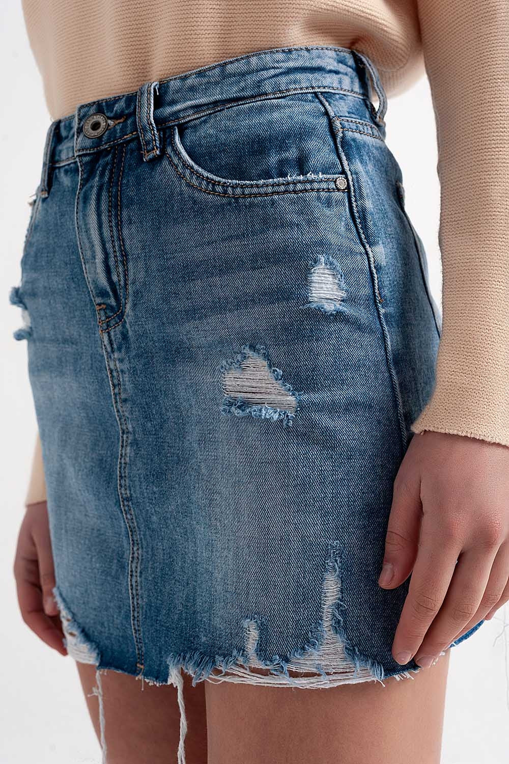 Distressed hem denim mini skirt - Skirts