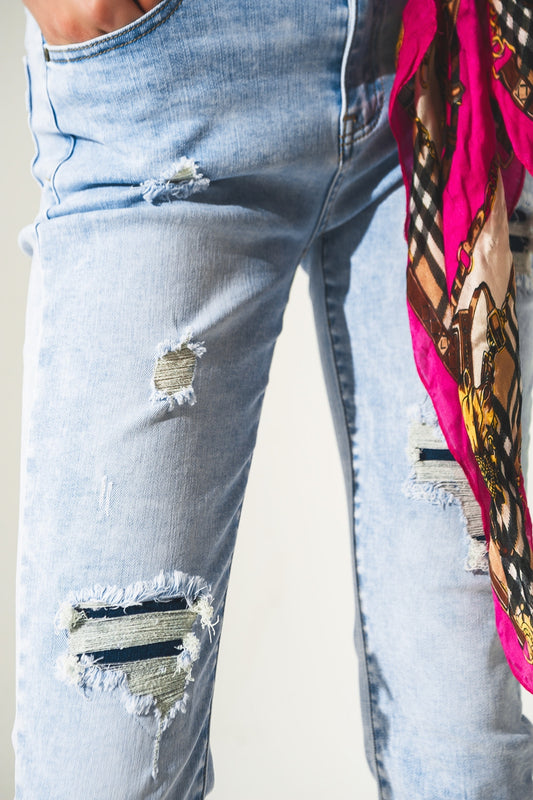 Distressed straight jeans with hem detail in blue - Jeans