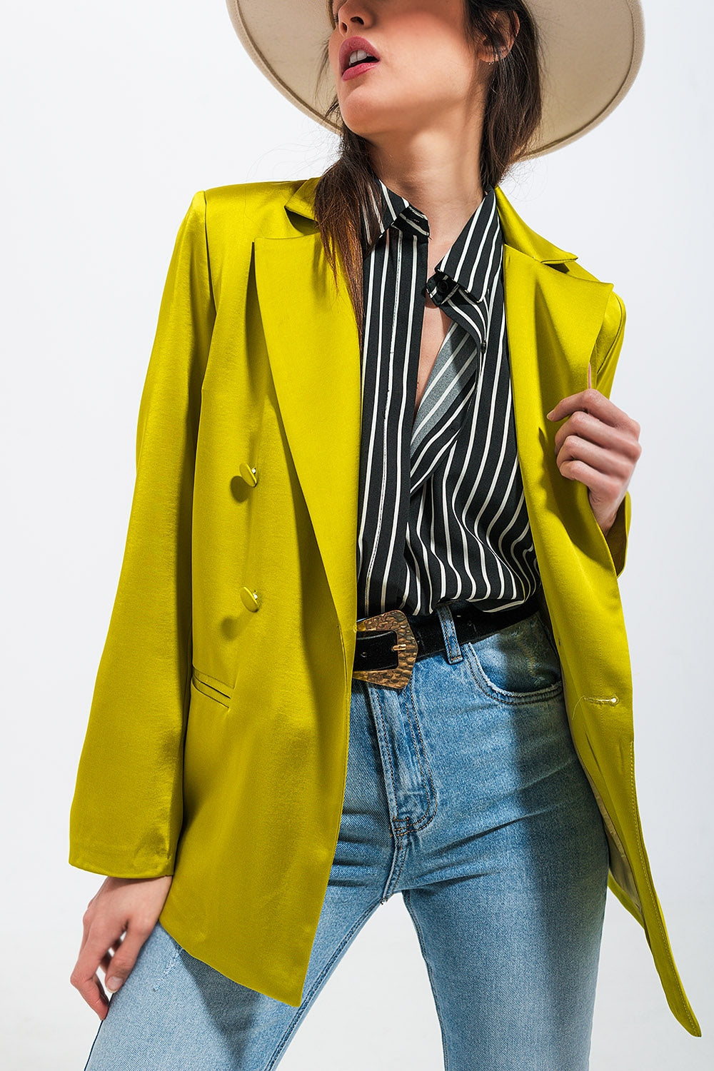 Double breasted satin blazer in lime green - Blazers