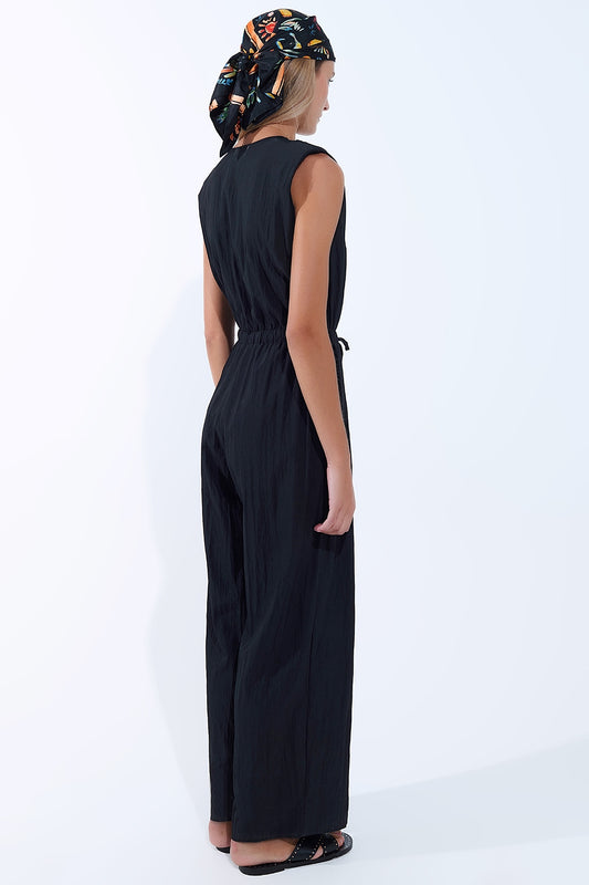 draped black jumpsuit in crinkled fabric - Dresses