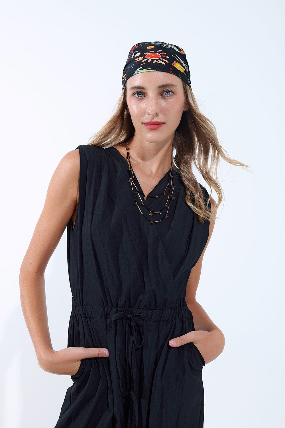 draped black jumpsuit in crinkled fabric - Dresses