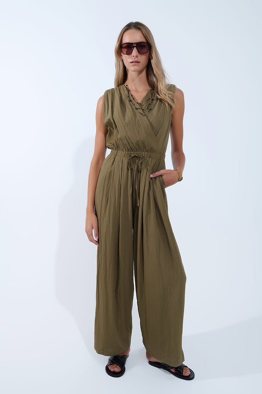 draped olive jumpsuit in crinkled fabric - Dresses